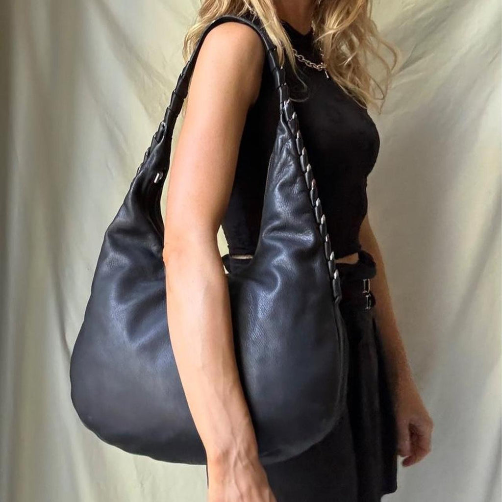 Sculptural Vintage Leather Hobo Bag With Hardware Spine
